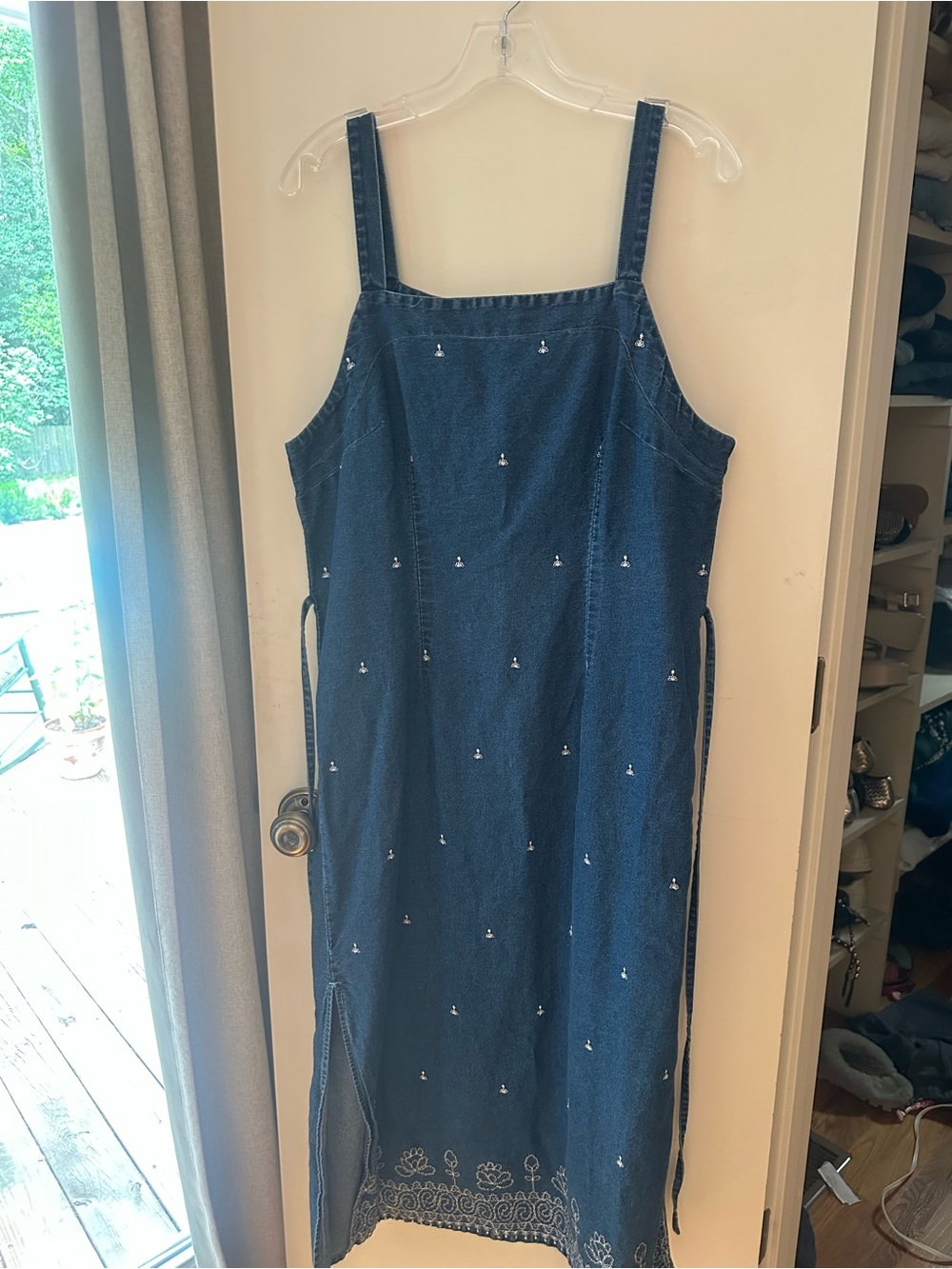 Vintage Embroidered Denim Midi Dress with Straps